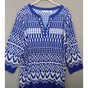 Susan Graver Blue & White 3/4 Sleeve Beaded Tunic-Size XL-Soft-BOHO